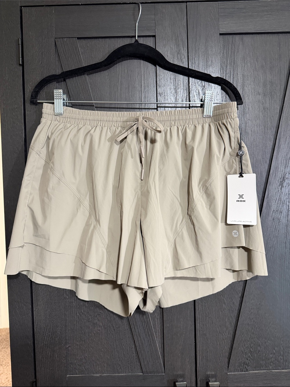 RBX Women's Beige Layered Athletic Drawstring Shorts